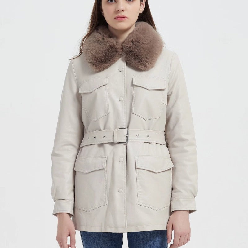 Women Leather Jacket Autumn and Winter Fur Collar Waistband Mid-Length Thick Fur Coat