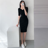 Women Dresses Autumn Retro V-neck Thin Knitted Dress Hip Skirt