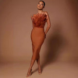 Women Dresses Bandage Dress Feather Backless Slim Fit Banquet Party Dress Skirt (Ont0408)