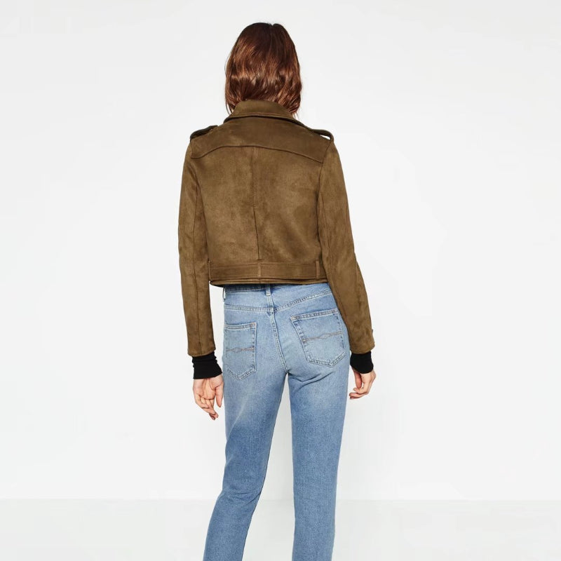Women Leather Jacket Fall Lapels Zipper Motorcycle Short Leather Jacket Female Deerskin Leather Jacket