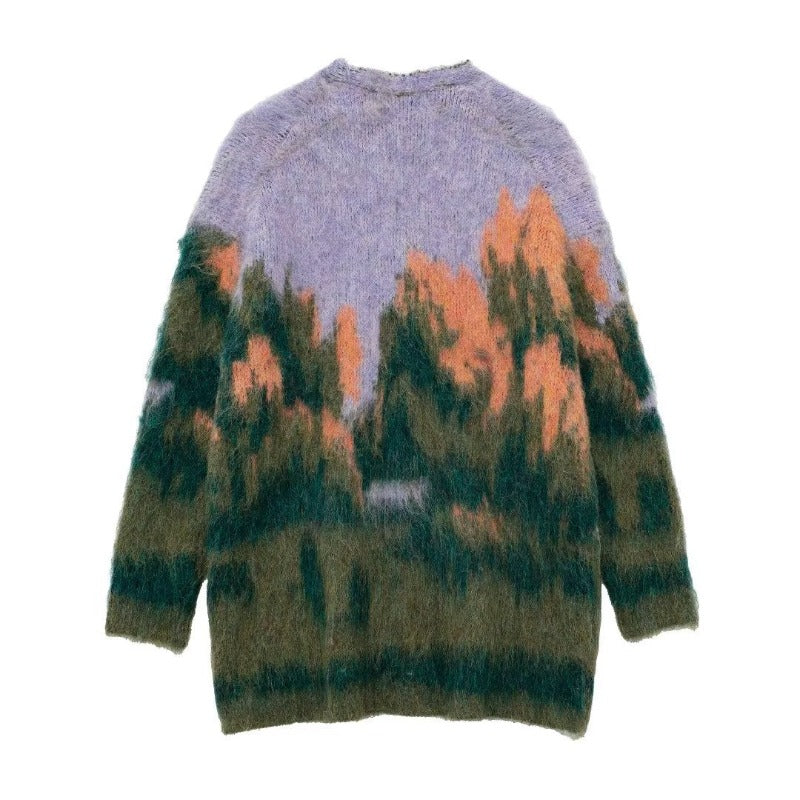 Women Sweater Knitwear Winter V-neck Long Sleeve Loose Printed Knitted Cardigan