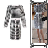 Women Maxi Dress Autumn Winter Retro Houndstooth Knitted Dress