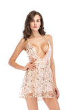 Women Evening Gown Sexy Nightclub Deep V-neck Strap Backless Belt Sequins Short Dress
