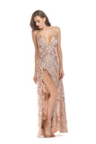 Women Evening Gown Sexy Nightclub Suspenders Split off Shoulder Beads Sequins Dress Female Dress
