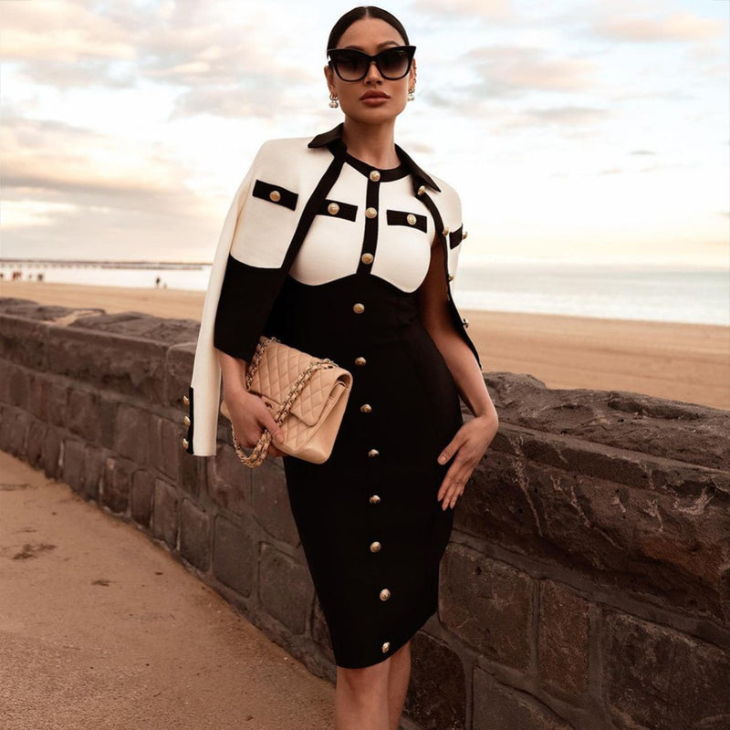 Women Dresses Black and White Single-Breasted Sheath Dress (Ont0408)