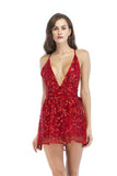 Women Evening Gown Sexy Nightclub Deep V-neck Strap Backless Belt Sequins Short Dress