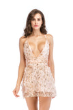 Women Evening Gown Sexy Nightclub Deep V-neck Strap Backless Belt Sequins Short Dress