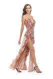 Women Evening Gown Sexy Nightclub Suspenders Split off Shoulder Beads Sequins Dress Female Dress
