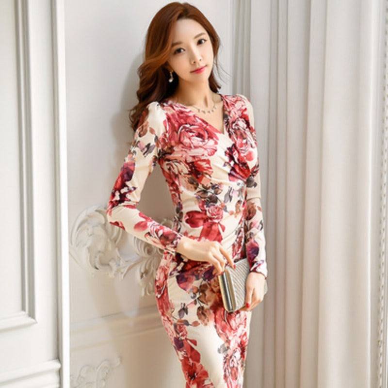 Women Maxi Dress Spring and Autumn V-neck Long Sleeve Narrow Dress