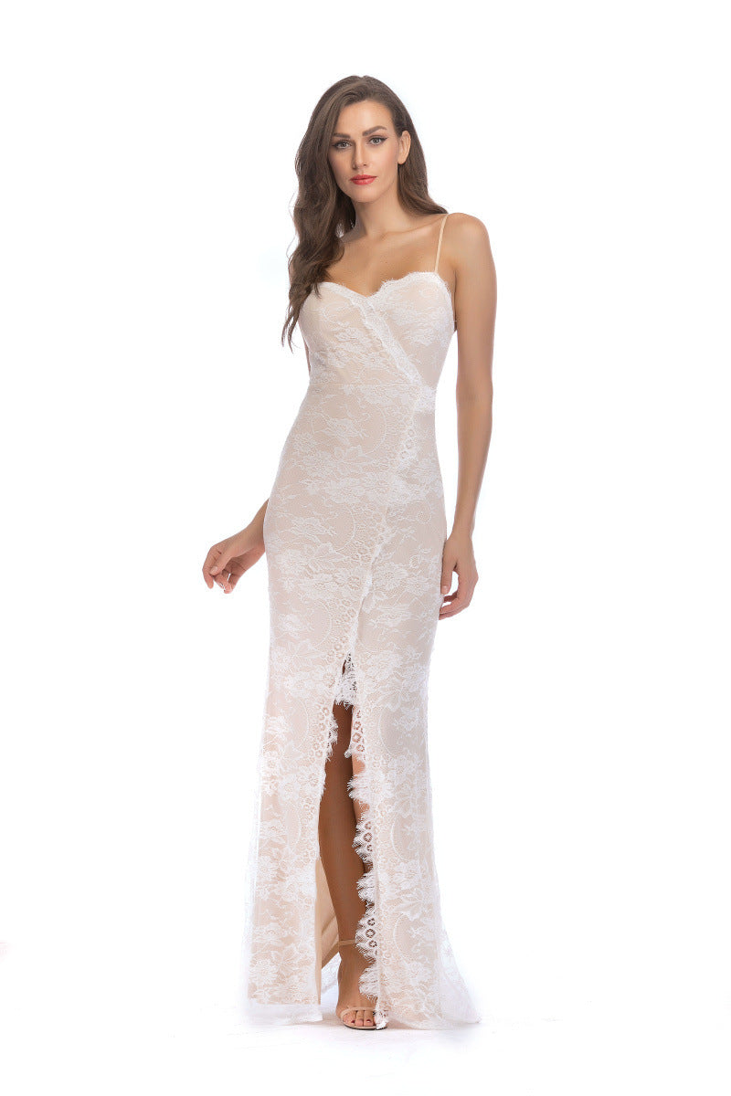 Women Evening Gown Sexy Nightclub V-neck Strap Split White Lace Dress Long Dress