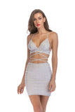 Women Evening Gown Sexy Nightclub V-neck Strap Backless Plaid Sequins Glitter Dress