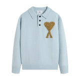 Ami araunriflove polo collar lapel wool sweater long sleeves couple fall and winterembroiderknitting shirt