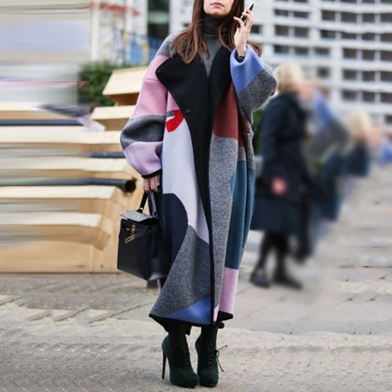 Women Trench Coat Color Stitching Turnover Neck Digital Printing Reversible Woolen Coat