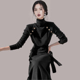 Women Maxi Dress Autumn Winter Retro Turtleneck Buttons Long Sleeve Knitted Dress