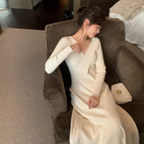 Women Maxi Dress Autumn and Winter V-neck Long Sleeve Knitted Dress Dress