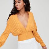 Women Sweater Knitwear V-neck Tight Waist Retro Lantern Sleeve Short Sweater Long-Sleeve Cardigan Sweater Women's Coat