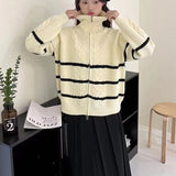 Women Knitted Cardigan Contrast Color Striped Lapel Sweater Coat Retro Loose Knitted Cardigan