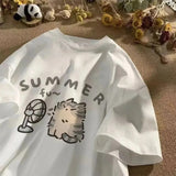 2024 Summer Fan Cat and Women Pure Cotton T-Shirt