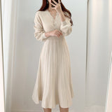 Women Maxi Dress Autumn and Winter Single-Breasted V-neck Knitted Dress