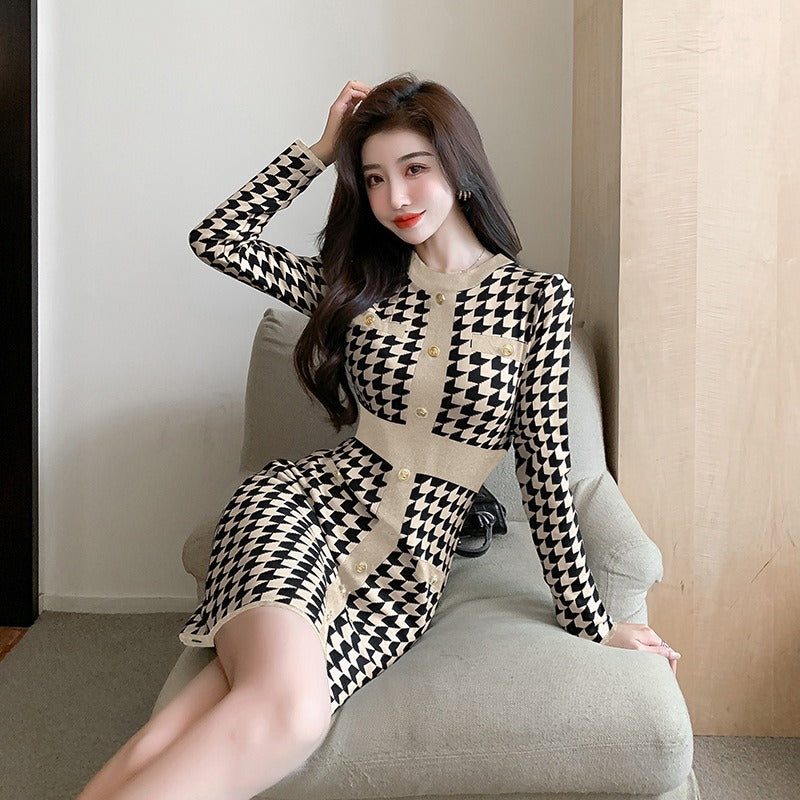 Women Maxi Dress Fall/Winter Single-Breasted Long Sleeve Slim Fit Hip Knitwear Dress