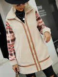 Women Trench Coat Lapel Long Stitching Zipper Plush Coat