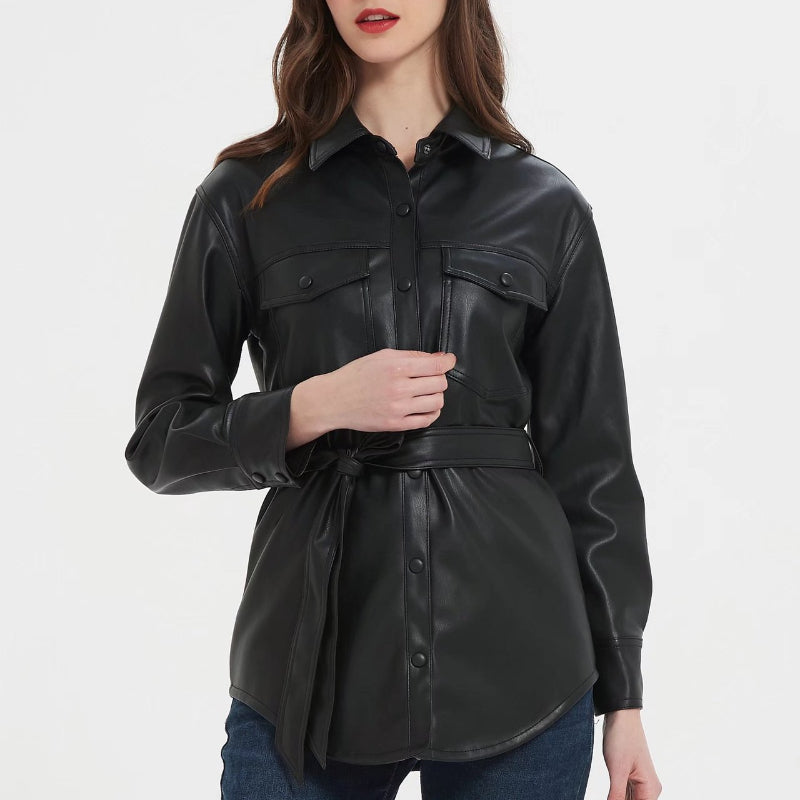 Women Leather Jacket Leather Coat Women's Motorcycle Clothing Retro Loose Shirt Leather Coat