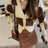 Women Knitwear Spring/Autumn V-neck Vintage Chessboard Plaid Loose Knitted Cardigan Coat