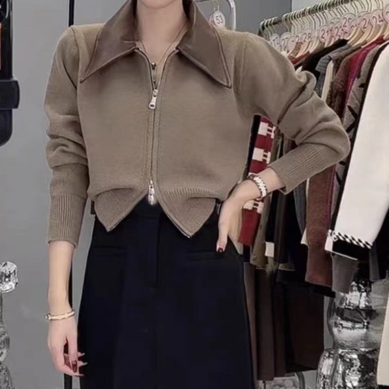 Women Knitted Cardigan Polo Leather Collar Stitching Double-Headed Zipper Sweater Coat