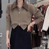 Women Knitted Cardigan Polo Leather Collar Stitching Double-Headed Zipper Sweater Coat