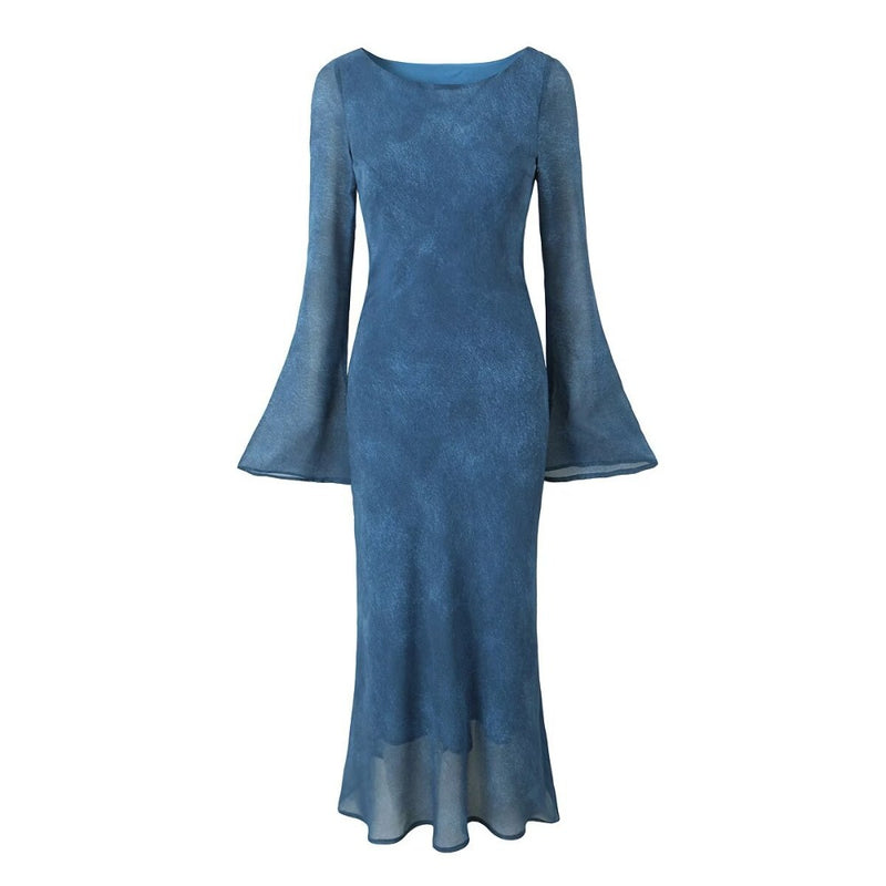 Women Dresses Summer round-Neck Long-Sleeved Dress Bell Sleeve Dress (Xds0414)