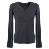 Women T Shirt Button V-neck Long Sleeve T-shirt