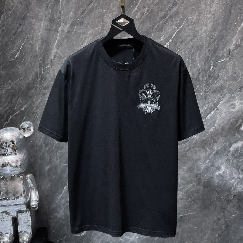 Ch hip-hop t shirts american ch kevin sword cross embroider patchwork leather heavy weight high street short sleeve trendy couple