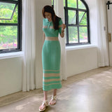 Women Maxi Dress Spring and Autumn Stripes Lapel Slim-Fit Short-Sleeved Knitted Long Dress