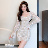 Women Maxi Dress Fall/Winter Square Collar Puff Sleeve Long Sleeve Lace Sheath Dress