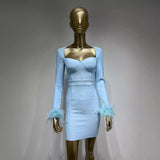Women Dresses Elegant Feather Long Sleeve Party Dress (Ont0408)