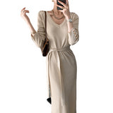 Women Maxi Dress Autumn V-neck Slim Fit Slit Knitted Dress