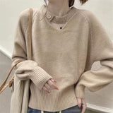 Women Knitwear Autumn Winter Retro Hollow round Neck Sweater Loose Sweater