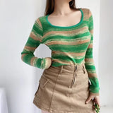 Women Sweater Knitwear Autumn Sexy Square Collar Striped Knitted T-shirt Long Sleeve Sweater