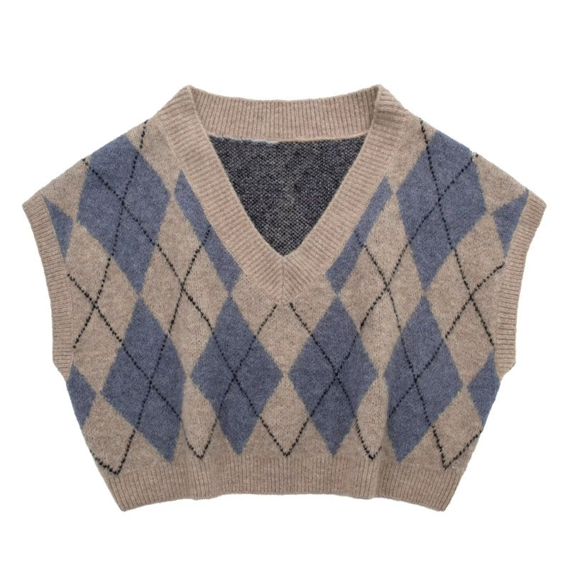 Women Sweater Knitwear Fall V-neck Sweater Rhombus Vest Vintage Hong Kong Sweater
