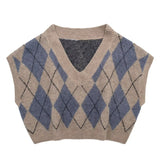 Women Sweater Knitwear Fall V-neck Sweater Rhombus Vest Vintage Hong Kong Sweater