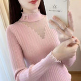 Women Knitwear Autumn and Winter Turtleneck Lace Hollow out Sweater
