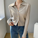 Women Knitwear Autumn Polo Collar Sweater Vintage Slim-Fit Knitted Cardigan