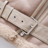 Women Leather Jacket Winter Lapel Long Sleeve Oblique Zipper Belt Coat Leather Coat