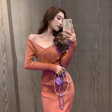 Women Maxi Dress Autumn Winter Sexy Long Sleeve Slim Knit Long Dress
