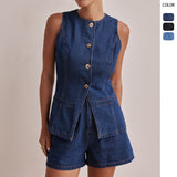 Women's pants: spring/summer amazon independent store fashion sleeveless cinched waist high-waisted loose denim shorts set (us/eu style)