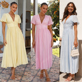 Women Dresses V-neck Long Puff Sleeve Dress (Jkw0408)