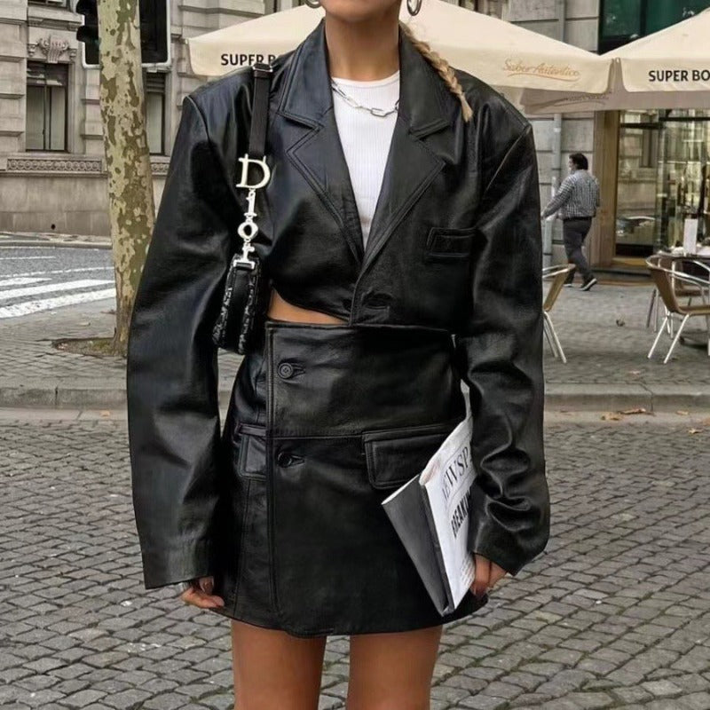 Women Leather Jacket Autumn Lapel Short Pu Leather Coat High Waist Hip-Wrapped Skirt