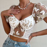 Women Party Tops Halter Perspective Butterfly Embroidered Suspender Mesh Vest