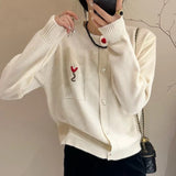 Women Knitted Cardigan Spring Cardigan Coat round Neck Love Embroidered Knitwear Top