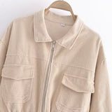 Women Jacket Lapel Long Sleeve Double Pocket Zipper Jacket Coat